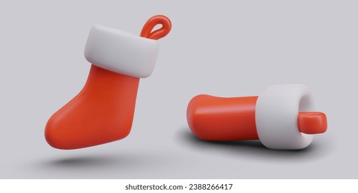 Neujahr festlicher Stiefel in vertikaler und liegender Position. Roter Strumpf für festliche Geschenke. Hanging Winter dekorative Element für Kamin. 3D-Vektorgrafik
