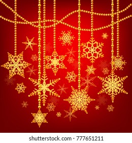 New Year Festive Bright Pattern. Greeting card. Beautiful Design Decoration of Gift Packaging. Red background. Gold snowflakes and beads.