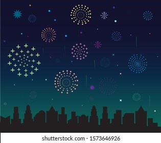 new year, a festive fireworks display over the city at night scene for holiday and celebration background design, Vector illustration of new year 