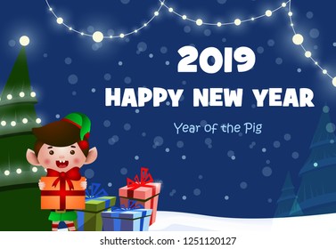 New Year festive poster design. Cheerful elf, Christmas tree, gifts and fairy lights on dark blue background. Illustration can be used for banners, flyers, greeting cards