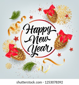 New Year festive poster design. Red bows, fir cones, stars, gold streamer, snowflakes, and confetti. Illustration can be used for banners, flyers, greeting cards