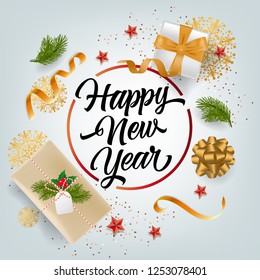 New Year festive poster design. Present boxes, red stars, gold streamer, snowflakes, bow, confetti and fir tree branches. Illustration can be used for banners, flyers, greeting cards