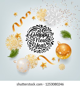 New Year festive poster design. Golden stars, snowflakes, baubles, streamer, bow, confetti and fir tree branches. Illustration can be used for banners, flyers, greeting cards