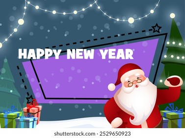 New Year festive poster design. Cartoon Santa Claus, Christmas tree, gifts and fairy lights on abstract background. Illustration can be used for banners, flyers, greeting cards