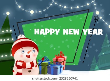 New Year festive poster design with jolly snowman pointing at text. Christmas tree, gifts and fairy lights on abstract background. Illustration can be used for banners, flyers, greeting cards