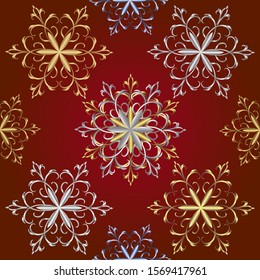 New Year festive seamless 3d pattern. Golden, silver snowflakes on a red background.Gold Christmas wallpaper.