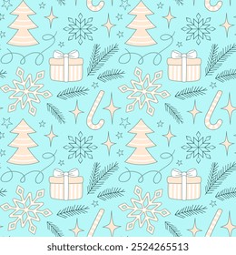 Patrón de Vector inconsútil festivo del año Nuevo con los símbolos tradicionales, fondo azul claro y beige de las Navidades, Fondo de pantalla, papel de embalaje, impresión textil.