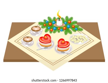 New Year, a festive table. The composition of the branches of the Christmas tree. Decorated with bright toys, balls and a candle. Sweet cake in the shape of a heart and coffee. Vector illustration.