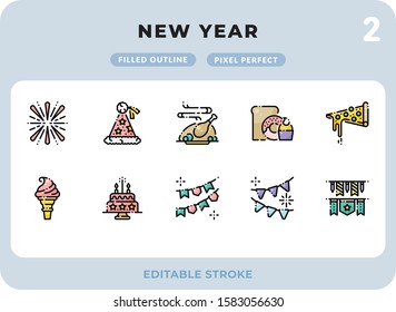 New Year Filled Icons Pack for UI. Editable Stroke. Pixel perfect thin line vector icon set for web design and website application.