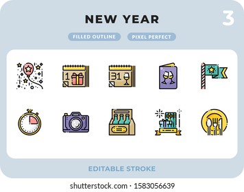 New Year Filled Icons Pack for UI. Editable Stroke. Pixel perfect thin line vector icon set for web design and website application.