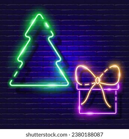 New Year fir tree and gift box neon sign. Glowing Christmas tree icon. New Year and Christmas concept. Vector illustration for design