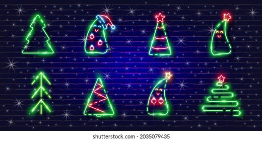 New Year fir tree neon signs set. Glowing Christmas tree icon. New Year and Christmas concept. Vector illustration for design.
