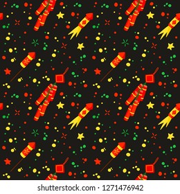 New Year Firecracker and petards seamless pattern.
Asian annual festival celebration background. Traditional China holiday symbols texture. Oriental Lunar New Year wrapping paper
