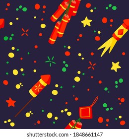 Nuevo año Firecracker y petardos patrón sin fisuras.
Antecedentes de la celebración anual del festival asiático. La textura tradicional de los símbolos de la fiesta de China. Papel de envoltura para el Año Nuevo Lunar Oriental
