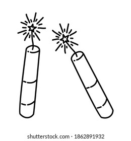 New Year Firecrackers Loud Hand Drawn Icon Set Vector.