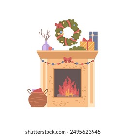 New Year fireplace with burning fire, decorations flat cartoon vector illustration. Home fire place with garland, wicker basket Xmas decoration. Warm cozy winter holiday packed gift boxes