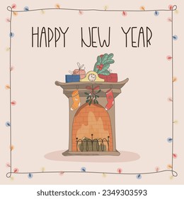 New year fireplace with stockings, mistletoe and presents in flat style. Hand drawn text