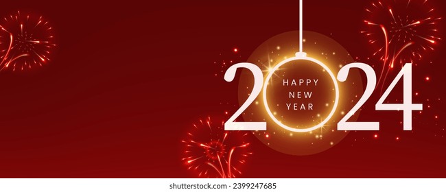 New Year firework and golden numbers 2024, red background. Celebration New Year's Eve. banner or greeting card for Merry Christmas and happy new year, Vector illustration.