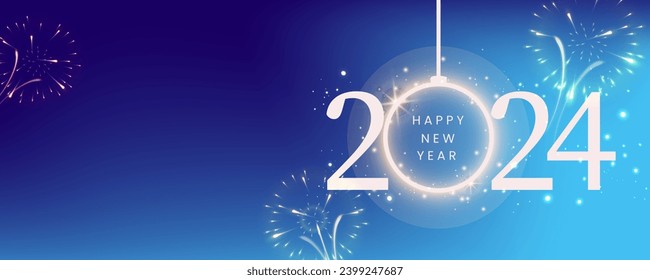 New Year firework and golden numbers 2024, blue background. Celebration New Year's Eve. banner or greeting card for Merry Christmas and happy new year, Vector illustration.