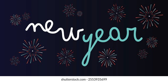 New Year with Firework Icon on Dark Blue Background