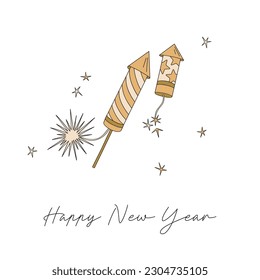 New Year firework rockets vector illustration. Winter season party pre-made card print design.