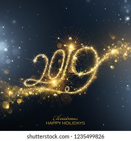 New Year Fireworks 2019 Bright Background with Flickering Lights Effect. Vector illustration