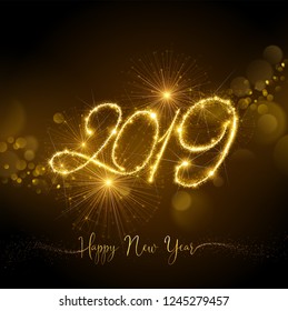 New Year Fireworks 2019 Bright Background with Flickering Lights Effect. Vector illustration