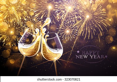 New Year Fireworks And Champagne Glasses. Vector