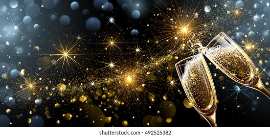 New Year Fireworks And Champagne Glasses. Vector