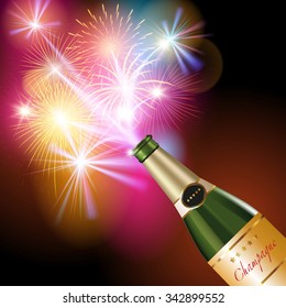 New Year fireworks and champagne. Vector illustration