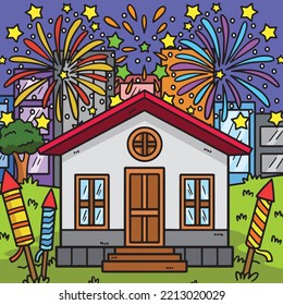 New Year Fireworks Colored Cartoon Illustration