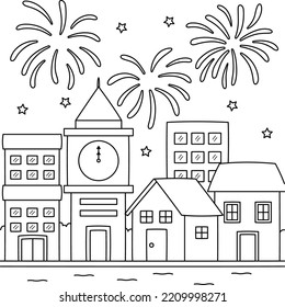 New Year Fireworks Coloring Page for Kids