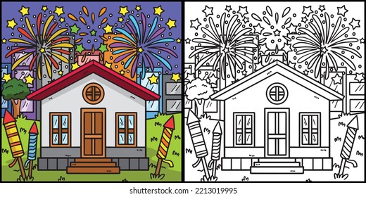 New Year Fireworks Coloring Page Illustration