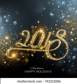 New Year fireworks and confetti 2018. Vector illustration