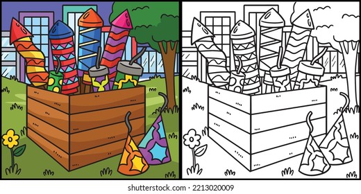 New Year Fireworks In Crate Coloring Illustration