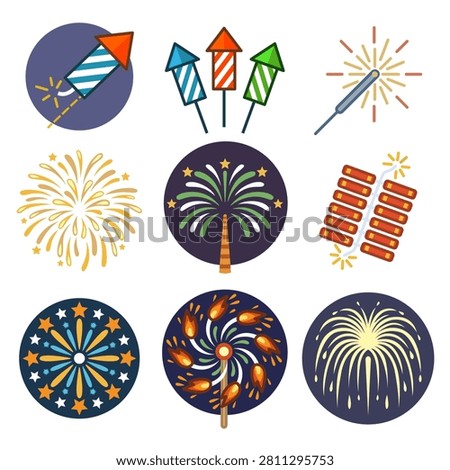 New Year Fireworks and Firecrackers Vector Icon Set Collection of Festive Celebration Graphics