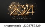 New Year fireworks and golden numbers 2024 on dark background. Celebration New Year