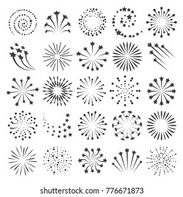 New Year Fireworks Icons. Firework Icon Set For Happy Christmas Celebrate Party And Birthday Or Anniversary Events Collection, Vector Illustration