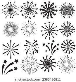 New year fireworks icons. vector illustration. Firework icon set for happy christmas, celebrate party and birthday or anniversary events collection, vector illustration