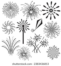 Iconos de fuegos artificiales de año nuevo. ilustración vectorial. Icono de fuegos artificiales para navidad feliz, fiesta de celebración y reunión de cumpleaños o aniversario, ilustración vectorial
