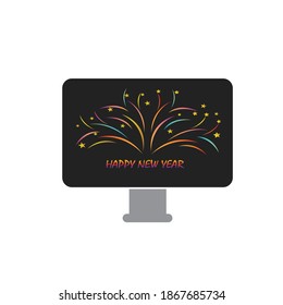 new year fireworks illustration, monitor icon, colorful vector design