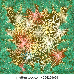 New Year  fireworks and spruce branch vector background illustration