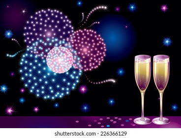 New year fireworks. Vector holiday background with two Champagne Flutes, many stars and fireworks on night dark sky.