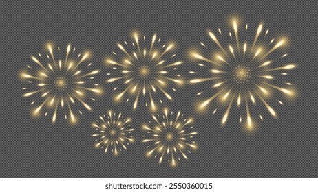 New Year fireworks vector on a transparent background with vibrant explosions, perfect for celebrating the holiday season. Ideal for decorations, prints, posters, banners, wallpapers, cards and covers