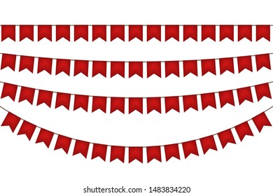 New year flag garland. Red decoration. Vector illustration.