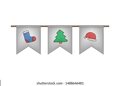 New year flag garland. White decoration. Vector illustration. Sock, hat and Christmas tree.