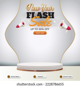 new year flash sale social media template banner post with blank space podium for product sale with abstract gradient white background design