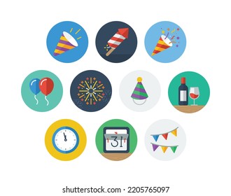 New year flat circle badge icon set with party related icons