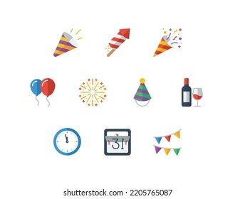 Conjunto de iconos de color plano de año nuevo con iconos relacionados con la fiesta