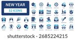 New year flat icons collection. Celebration, snow, 31 December, party, star, Santa Claus, christmas tree, celebrate, gift box sign set.